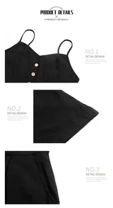 Close-up of black sleeveless romper with functional wooden buttons and side pockets