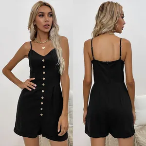 Women Casual V Neck Romper Spaghetti Strap Button Down Short Jumpsuit With Pockets Solid Color Summer Sleeveless Playsuit