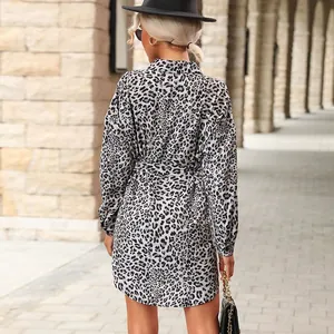Elegant leopard print long sleeve shirt dress with lapel collar and waist tie belt