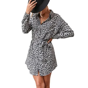 Women's long sleeve leopard print shirt dress with lapel collar and waist tie belt