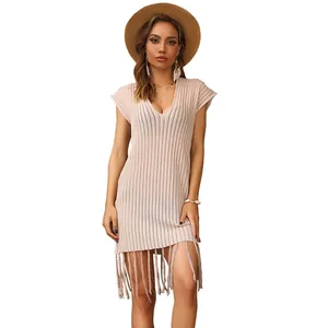 Copricostume da spiaggia sexy con scollo a V, maglia traforata e frange lunghe