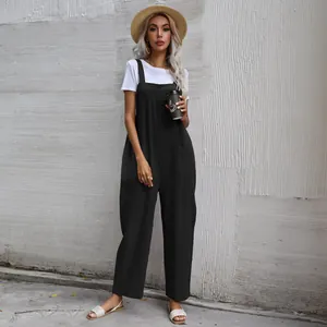 Women's casual black sleeveless overalls with large pocket and wide leg style