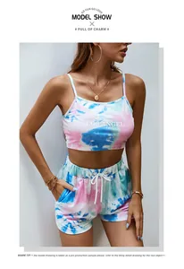 Detail of summer tie-dye crop top and shorts set with Pacific Sunshine letter print