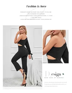 Detail of one-shoulder black jumpsuit with long sleeve and waist cutout design