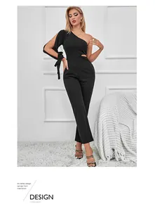 Detail of one-shoulder black jumpsuit with cut-out waist and stylish sleeve tie design
