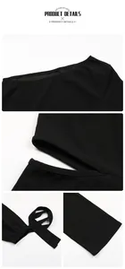 Detail shot of black high waist jumpsuit with side cut-outs and lace-up sleeve accents