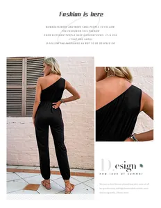Detail eines schwarzen One-Shoulder-Jumpsuits mit Kordelzug und gerippter Strickstoffstruktur