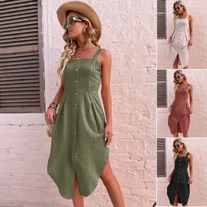 Women's Summer Cotton Linen Feel Midi Dress Square Neck Button Down Sleeveless Irregular Slit Hem Casual Vacation Sun Dress
