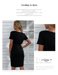 Detail of a black short-sleeve slim fit dress showing the neckline and waist design