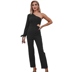 Women's black one-shoulder jumpsuit with waist cutout and stylish bow-tie cuff detail