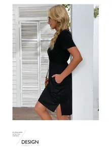 Detail view of black summer T-shirt dress featuring elastic waist with white drawstring