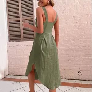 Olive green sleeveless cotton linen midi dress with side slit and backless detail