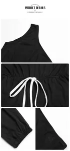 Details von Ein-Schulter-Ausschnitt und weißem Kordelzug auf schwarzem Sport-Jumpsuit