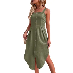 Deep green cotton linen midi dress with shoulder straps, square neck and front buttons