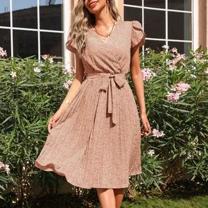 Women's V-Neck Ditsy Floral Pleated Midi Dress With Tie Waist Short Flutter Sleeve French Pastoral Style Summer Dress