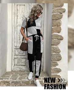 Detail of grey and black color-block casual two-piece set with drawstring waistband