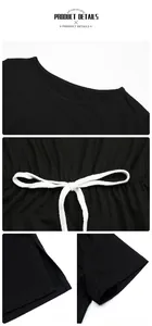 Detail view of black dress featuring drawstring waist, side slit and round neckline