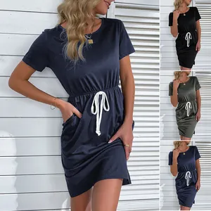 Women's Casual Short Sleeve Crew Neck Mini Dress With Drawstring Waist And Pockets Solid Color Summer T-Shirt Dress