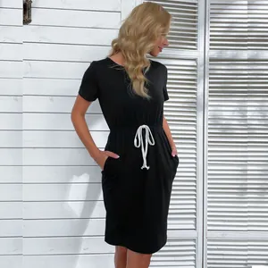 Women's black short sleeve t-shirt dress with waist drawstring and practical side pockets