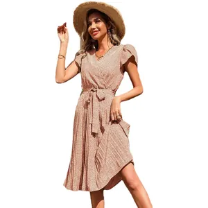 Floral V-neck pleated midi dress with waist tie and petal sleeves in earthy brown tones