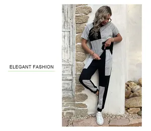 Detail of grey and black color-block patchwork on a casual two-piece women's set