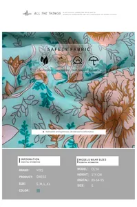 Detail von Boho-Kleid mit Blumenmuster zeigt Stoffstruktur, Minzgrün und Größentabelle