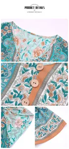 Detailansicht des Boho-Blumendrucks und V-Ausschnitts mit natürlichen Holzknöpfen