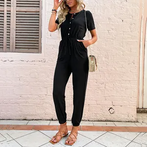 Tuta Intera Donna Casual Manica Corta Vita Alta Coulisse Bottoni Pantaloni Conici Tinta Unita Misto Cotone Poliestere