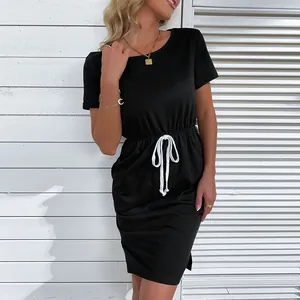 Slim fit black short sleeve t-shirt dress with waist drawstring and side slit