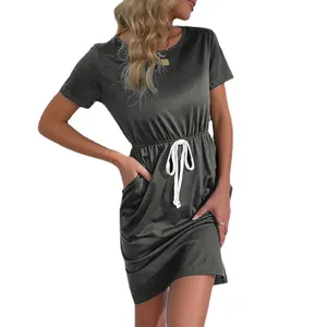 Women's casual short sleeve t-shirt dress in dark grey with adjustable drawstring waist