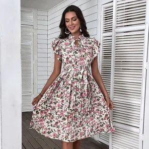 Women's Elegant French Floral Print Flutter Sleeve Midi Dress High Waist Pleated Tie Neck A-Line Casual Vacation Dress