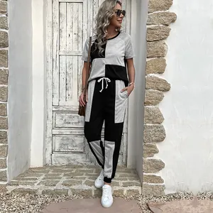 Women Casual Patchwork Top And Bottom Set Contrast Color Short Sleeve T-Shirt Drawstring Joggers Polyester Fashion Tracksuit