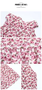 Detail of pink floral chiffon dress neckline with pleated fabric and fine stitching
