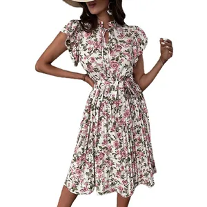 Women summer white floral pleated dress with flutter sleeves and waist tie design