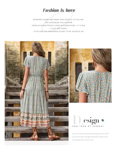 Detail of bohemian green floral maxi dress with paisley border and ruffle sleeves