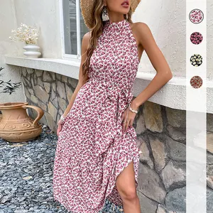 Women Halter Neck Floral Maxi Dress Sleeveless Tiered A-Line Vacation Dress With Waist Tie Casual Summer Boho Long Dress