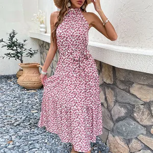 Women's summer floral halter neck sleeveless maxi dress with waist tie and tiered skirt