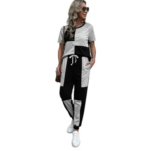 Women's 2-piece casual loungewear set with grey and black geometric patchwork design