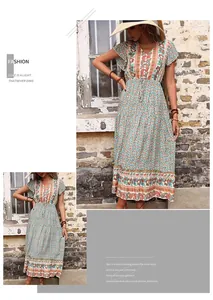 Detail of V-neckline with decorative buttons and boho paisley print on a summer maxi dress