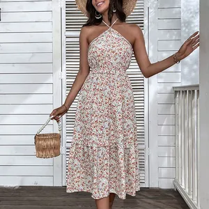 Abito Midi da Donna con Scollatura all'Americana Schiena Scoperta Stampa Floreale a Balze Vita Alta Mare Estate