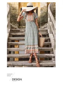 Detail of bohemian green floral maxi dress with V-neck and ruffled short sleeves for summer