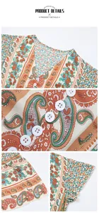 Detail shots of V-neckline with buttons and bohemian paisley floral prints on green dress