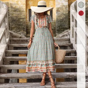 Bohemian Floral Paisley V Neck Short Sleeve Maxi Dress Drawstring Waist Vintage Tiered A-Line Summer Vacation Dress Women