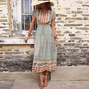 Bohemian floral midi dress with V-neck and drawstring waist in teal and orange