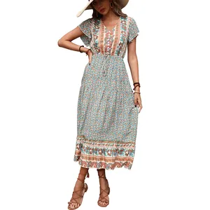 Bohemian V-neck floral maxi dress with paisley prints and ruffled sleeves in green