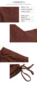 Close-up of fabric texture, seam details and size chart for the brown two-piece set