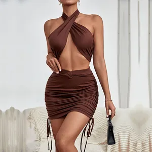 Women Sexy Criss Cross Halter Crop Top And Ruched Drawstring Mini Skirt Set Solid Color Polyester Spandex Top And Bottom Outfit