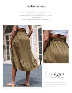 Detail of high waist elastic smocked band and ruffled hem on cotton linen maxi skirt