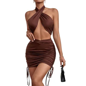 Sexy dark brown two-piece set featuring halter neck top and ruched drawstring mini skirt