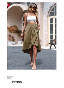 Olive green high waist wrap skirt with ruffle hem and irregular cut detail in street setting